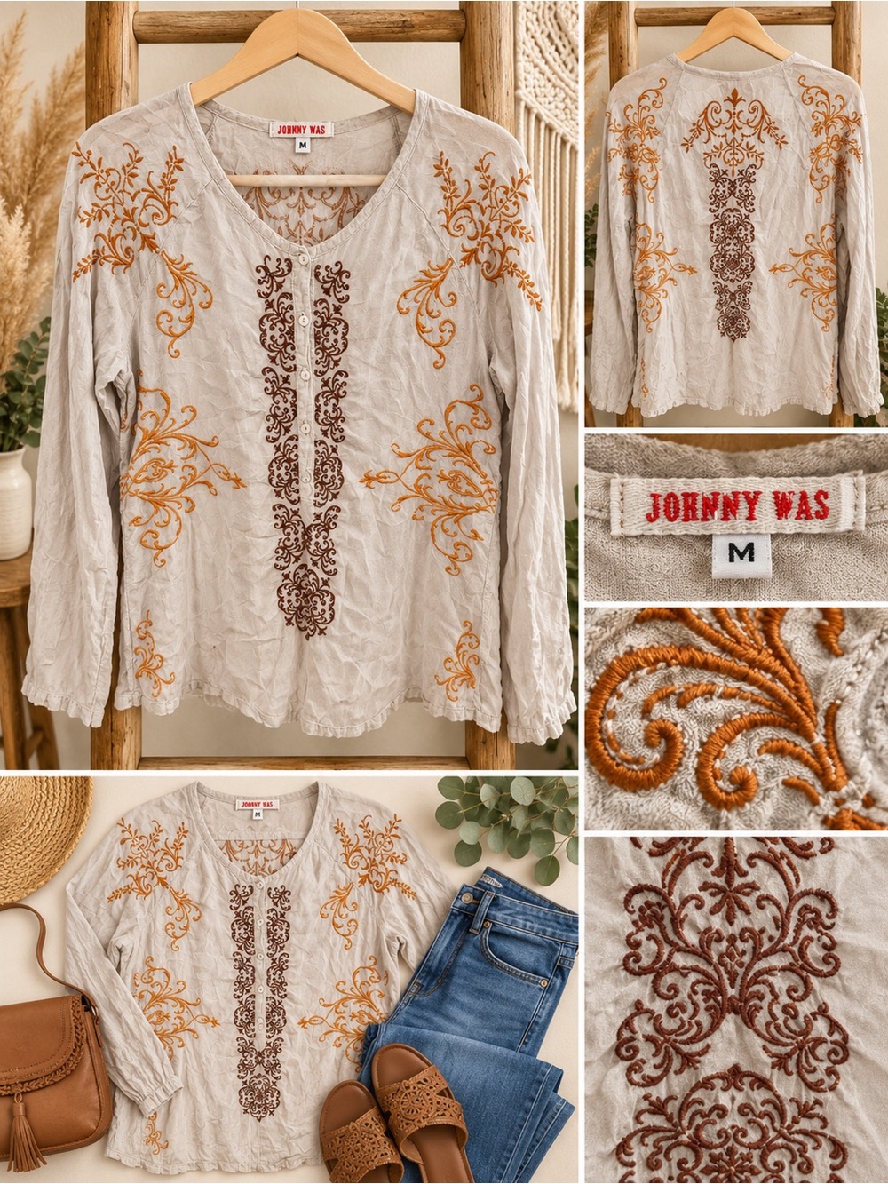 Johnny Was Women's Beige Embroidered Long-Sleeve Top Size M